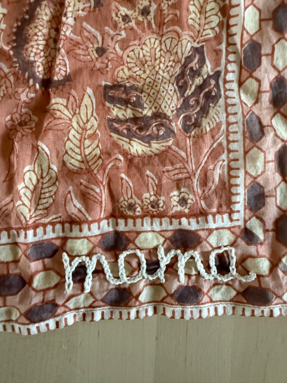 Cleobella paisley pink women’s fashion scarf with embroidered mama text